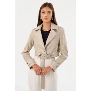 Lamarque Women's Katija Faux Leather Chic Cropped Coat Belted Waist Snap Closure